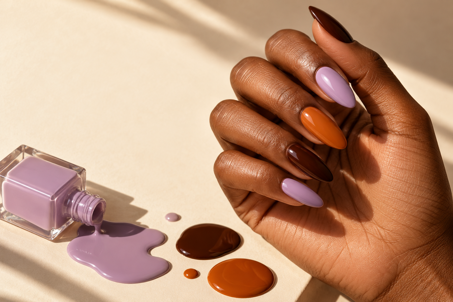 Editorial nail inspiration: glossy espresso, lilac and orange manicure on a warm ivory backdrop